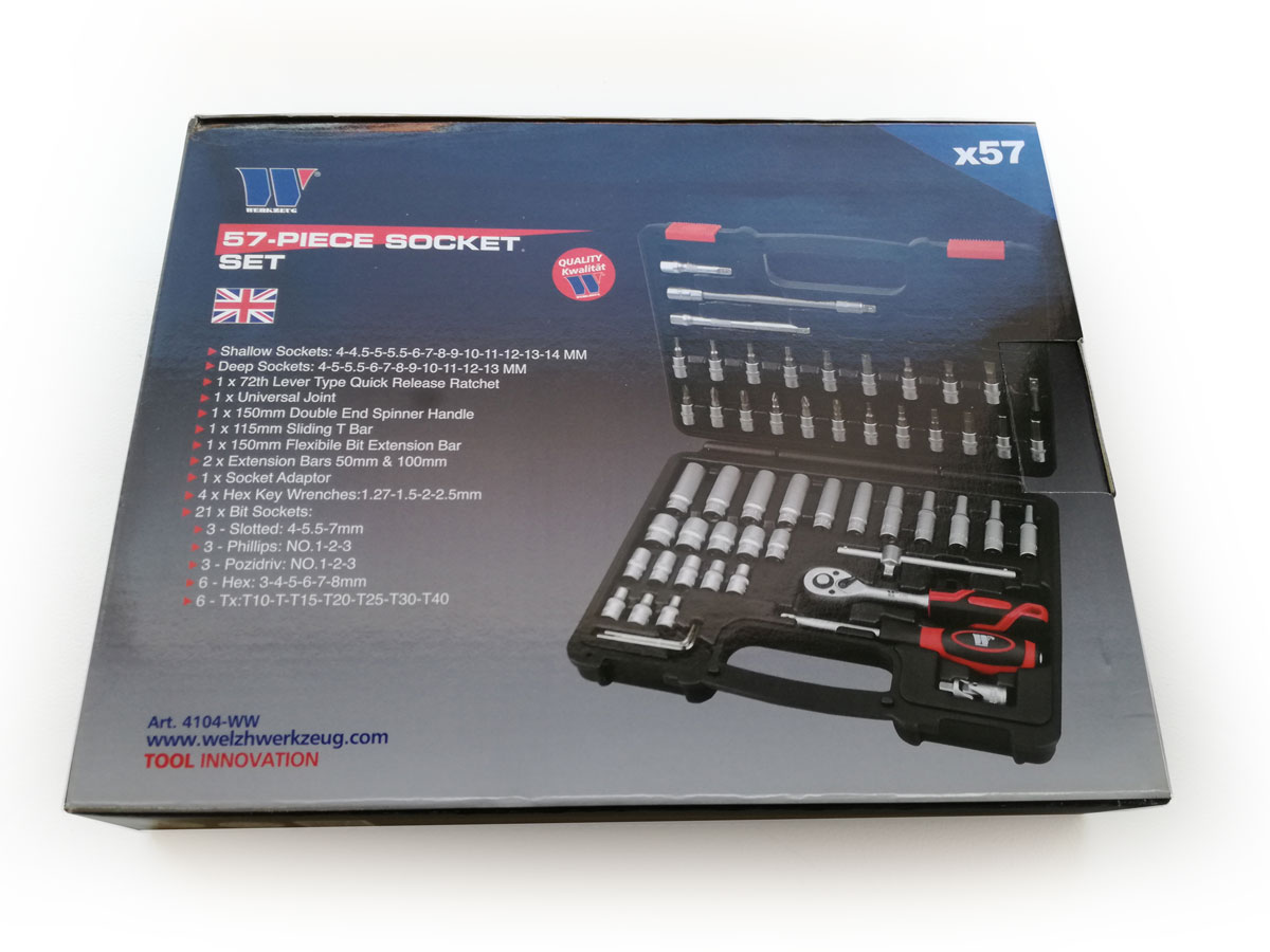 Gola sada 1/4", standardní a prodloužené hlavice super-lock, bity, 57 dílů, Welzh