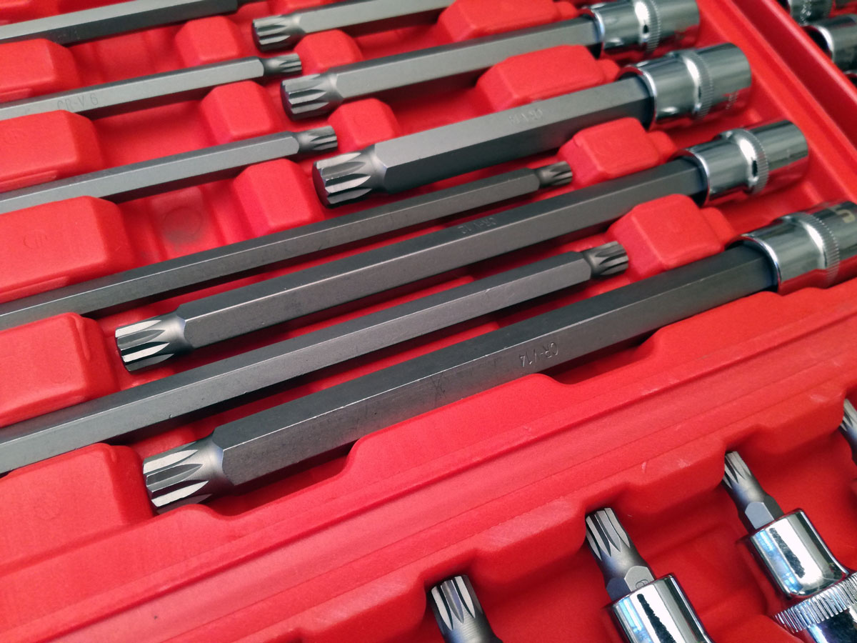 Velká sada 1/2" hlavic s bity, CrV, XZN-Torx-Inbus, standardní a prodloužené, 88 dílů, Welzh