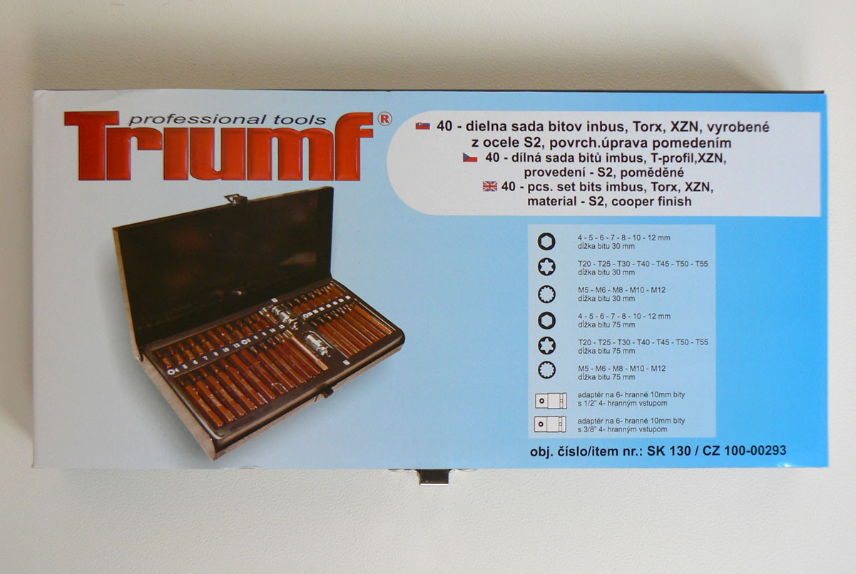 Kombi sada bity 10mm, Inbus, Torx, XZN, adaptér 3/8", 1/2", 40ks, ocel S2, Triumf