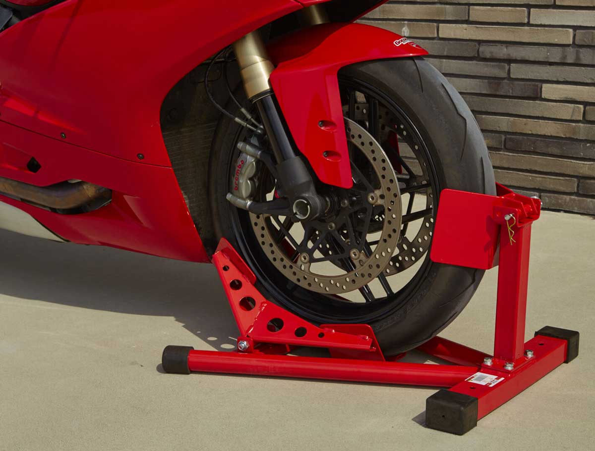 Motocyklový protipojezdový stojan pro uchycení přední pneumatiky, Model 1, černý