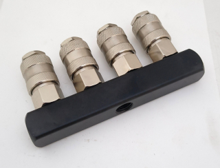 4-cestný kovový rozbočovač vzduchu s rychlospojkami Euro