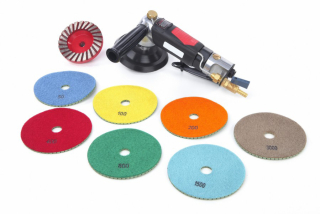 Ruční pneumatická bruska a leštička pro práci za mokra, 125 mm, včetně brusných a leštících kotoučů