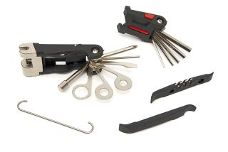 Skládací komplexní 19 dílné nářadí na kolo včetně nýtovačky, inbusů, klíčů atd., malý rozměr, 285 g