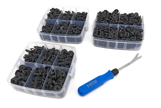 Sortiment plastových příchytek a spon pro čalounění automobilů a připevnění plastových dílů včetně kleští na spony, 620 dílů