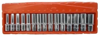 Nástrčné hlavice 1/2", Gear-Lock, 12 hran, 10 - 24 mm, CrV, prodloužené, sada 15 dílů, Welzh