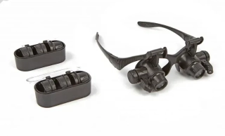 Hodinářské brýle pro jemnou mechaniku s výměnnými zvětšovacími skly a LED světlem