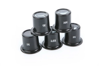 Sada 5 ks zvětšovacích skel, zvětšení 2x, 3.5x, 5x, 7x a 10x